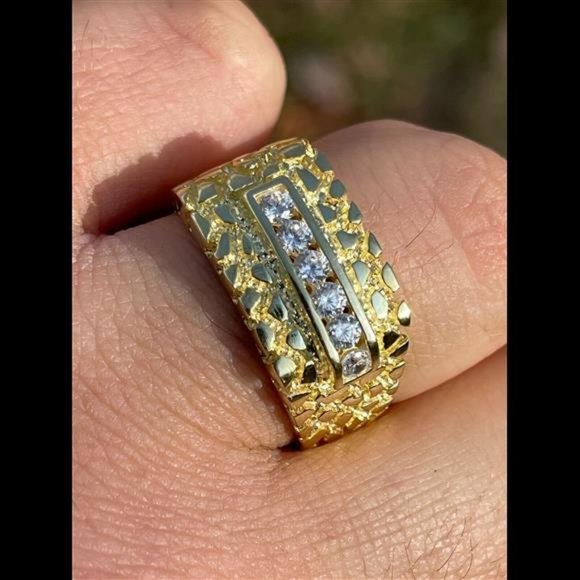 Men's 14k Gold Over Real Solid Sterling Silver Iced Diamond Nugget Ring Hip Hop - Picture 1 of 9